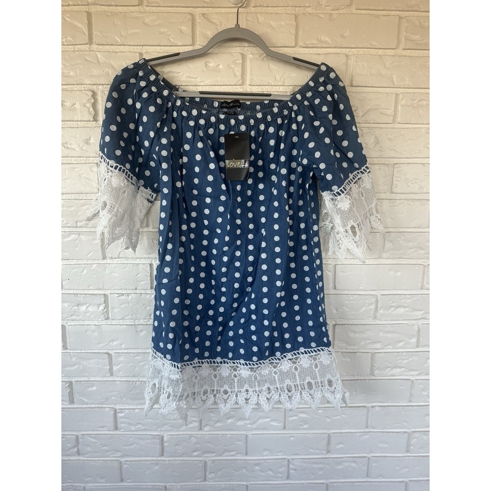 Love‎ by Chesley Blue Polka Dot Off Shoulder Lace Trim Top Medium